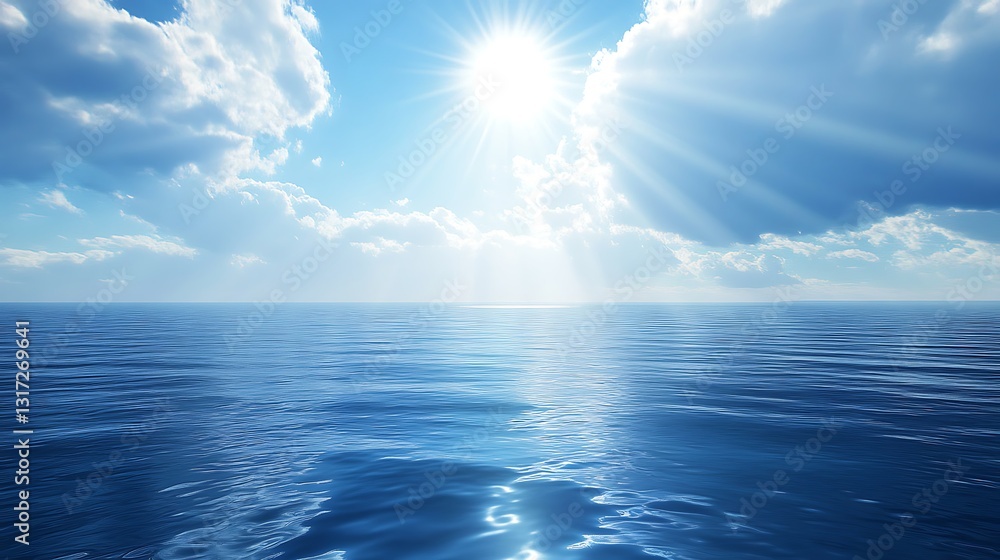 Obraz premium Serene Ocean Scene with Sun Shining Through Clouds and Water