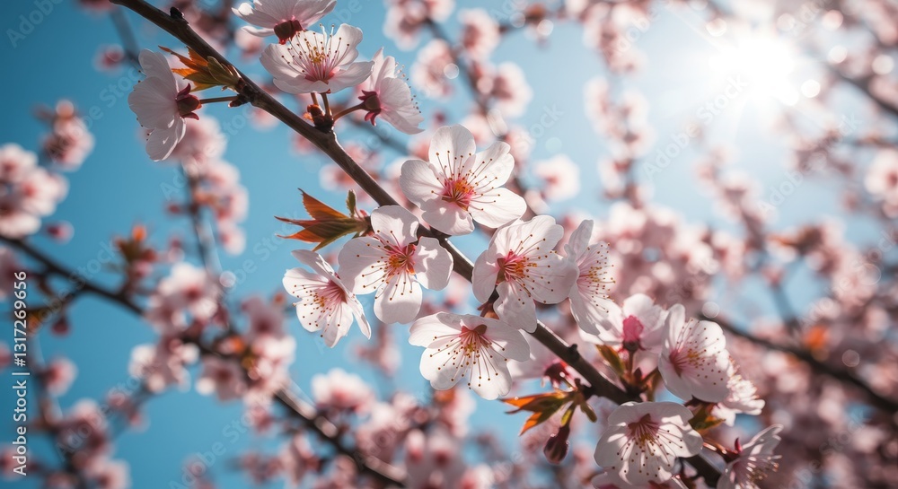 Spring Blossoms Close Up View - Delicate pink blossoms, bright sunlight, vibrant nature, springtime renewal, beauty in nature Spring Blossoms Close Up View - Delicate pink blossoms, bright sunlight, vibrant nature, springtime renewal, beauty in nature