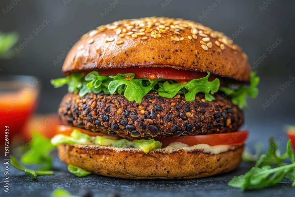 Plant-based burger with black bean patty and whole-grain bun for healthy eating Plant-based burger with black bean patty and whole-grain bun for healthy eating
