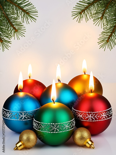 Biglietto di auguri di Natale: candele con palline di Natale, Babbo Natale e la scritta in italiano Buon Natale.
