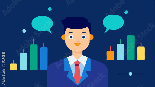 Investment Advisor A stylish influencer in business attire talking about stock market basics with animated bar graphs and stock ticker symbols hovering in the air.