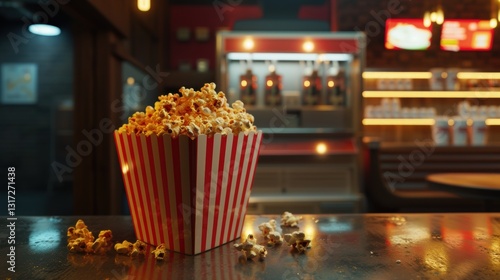 A cinematic close-up of a box of popcorn overflowing with freshly pressed golden kernels, placed on a classic movie theater stand.