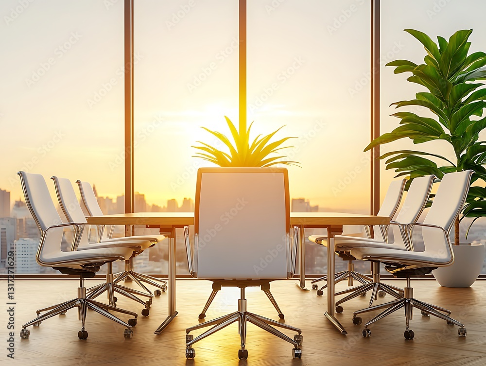Fototapeta premium Modern Office Conference Room with Sunset View and Green Plant Silhouette in Background