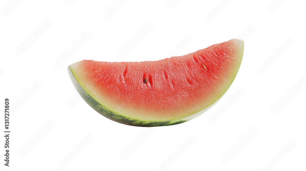 A juicy slice of watermelon with vibrant red flesh and green rind sits on a clean, white surface, inviting everyone to relish its refreshing taste during hot summer days A juicy slice of watermelon with vibrant red flesh and green rind sits on a clean, white surface, inviting everyone to relish its refreshing taste during hot summer days
