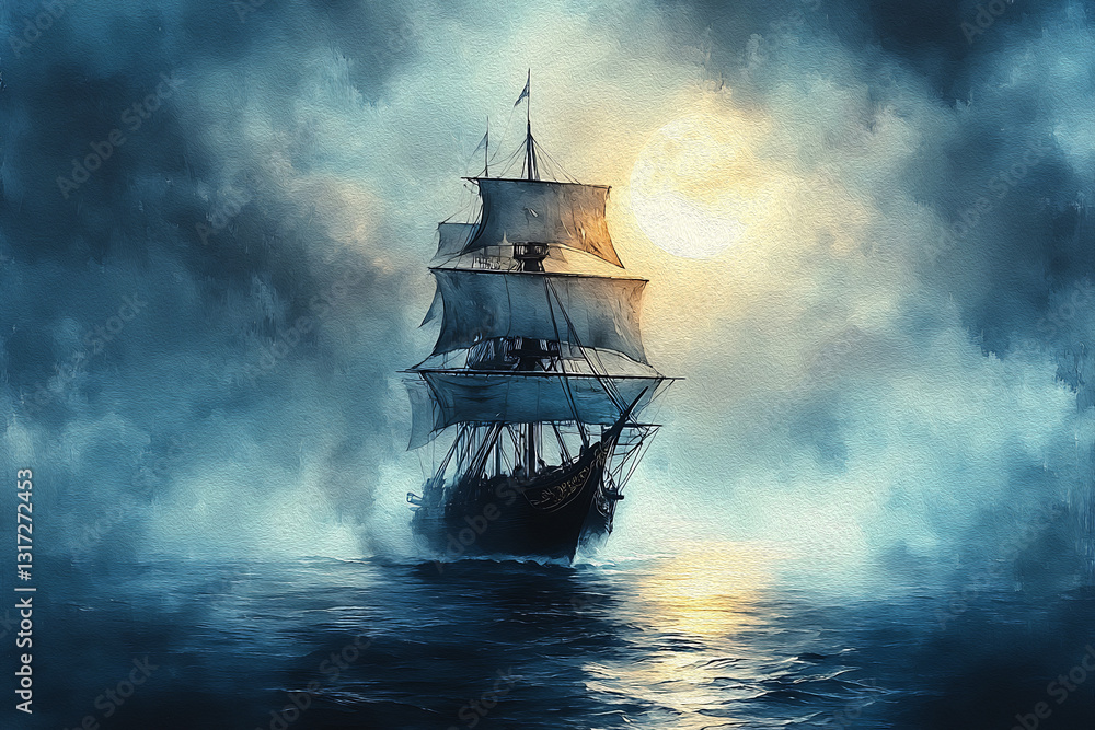 Majestic Sailing Ship at Night, Moonlit Ocean, Dramatic Artwork Majestic Sailing Ship at Night, Moonlit Ocean, Dramatic Artwork