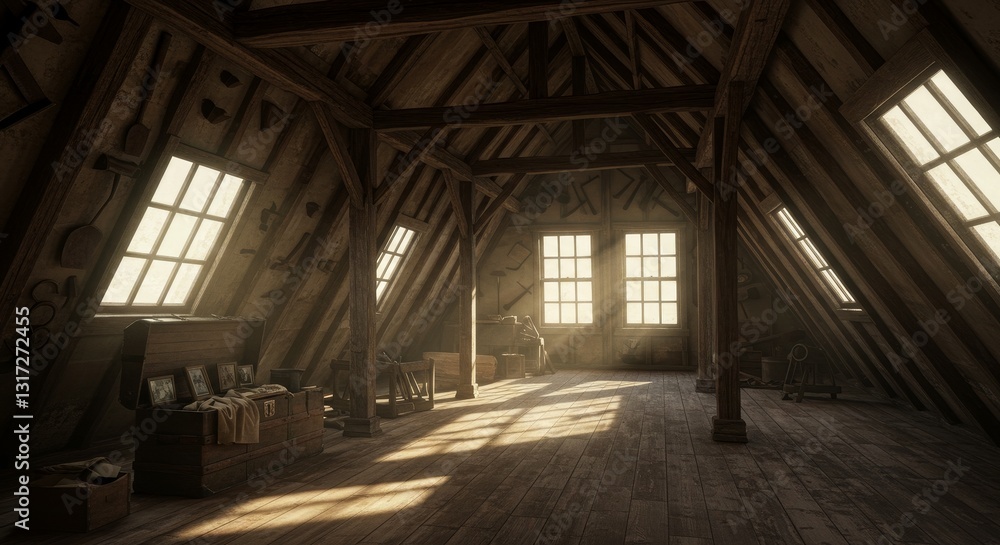 Sunlit Attic Room with Wooden Trusses - A serene attic space, bathed in sunlight, showcases exposed wooden trusses, antique furniture, and a peaceful atmosphere. Concepts: tranquility, nostalgia Sunlit Attic Room with Wooden Trusses - A serene attic space, bathed in sunlight, showcases exposed wooden trusses, antique furniture, and a peaceful atmosphere. Concepts: tranquility, nostalgia