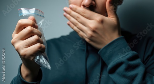 Person covering mouth while holding clear plastic bag, concerns about health risks or illegal substance use