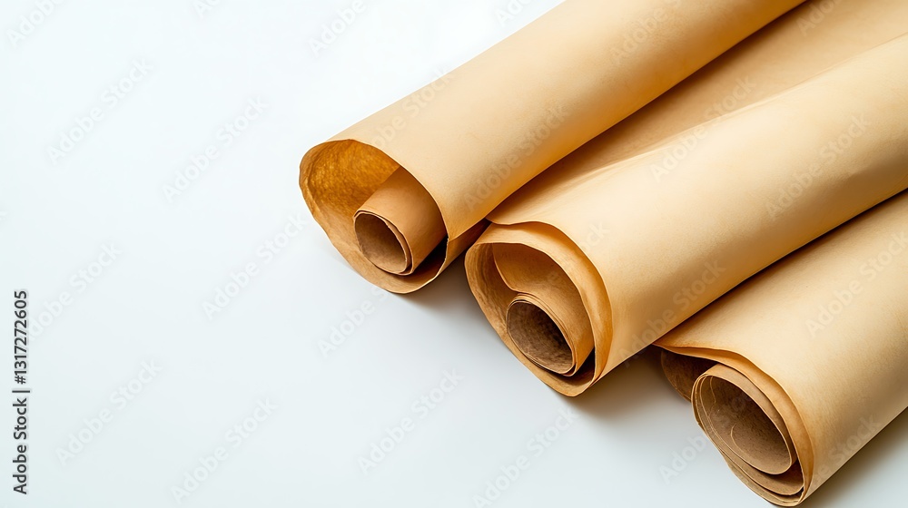 Fototapeta premium Rolled Craft Paper Sheets on White Surface for Creative Projects and Art Design