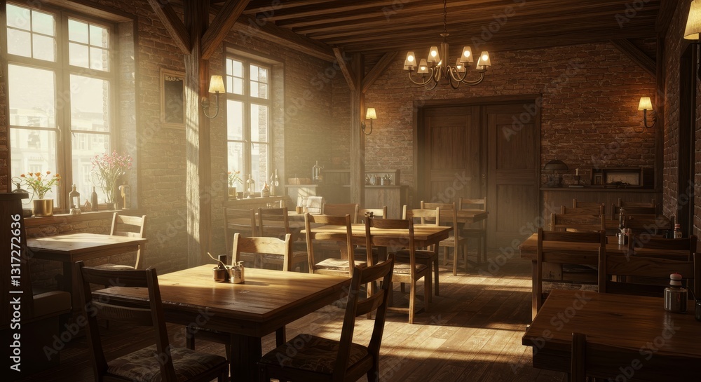 Sunlit Cafe Interior: Warm Atmosphere and Empty Tables - A cozy cafe interior bathed in warm sunlight streaming through large windows. Empty wooden tables and chairs create a tranquil scene Sunlit Cafe Interior: Warm Atmosphere and Empty Tables - A cozy cafe interior bathed in warm sunlight streaming through large windows. Empty wooden tables and chairs create a tranquil scene