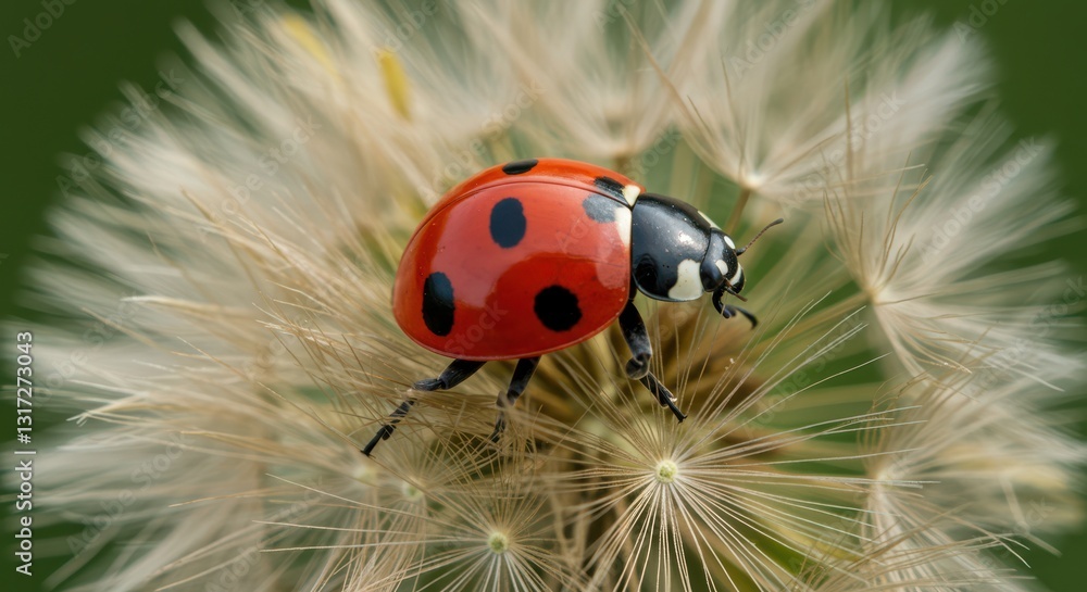 Naklejka premium Ladybug Crawling on Dandelion Seed Head Against a Green Background