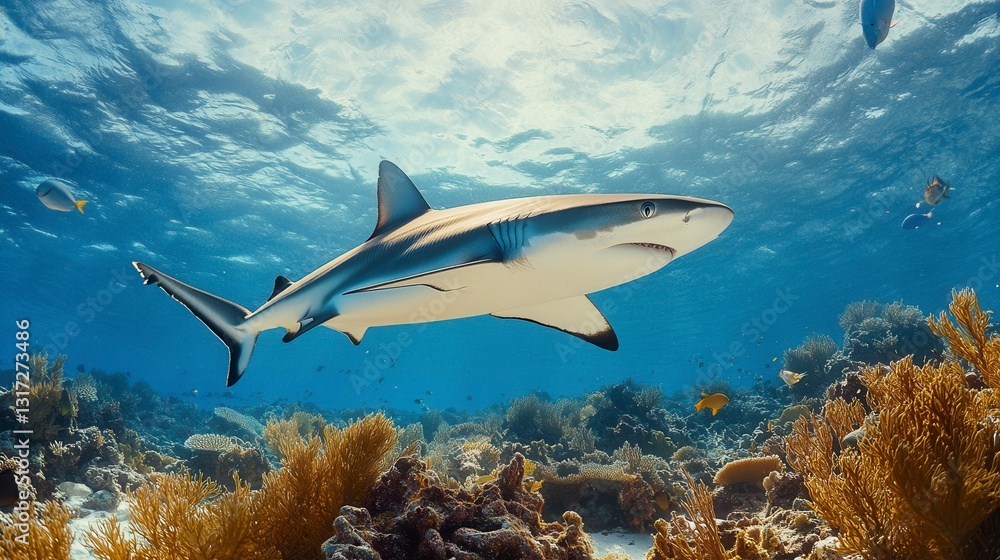 Fototapeta premium Grey reef shark swimming over vibrant coral reef in clear blue ocean water. Sunlight filters from above. Peaceful underwater scene.