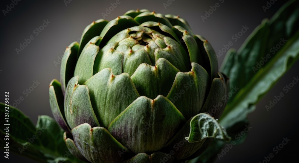 Fototapeta premium Fresh artichoke close-up with dark background and green leaves