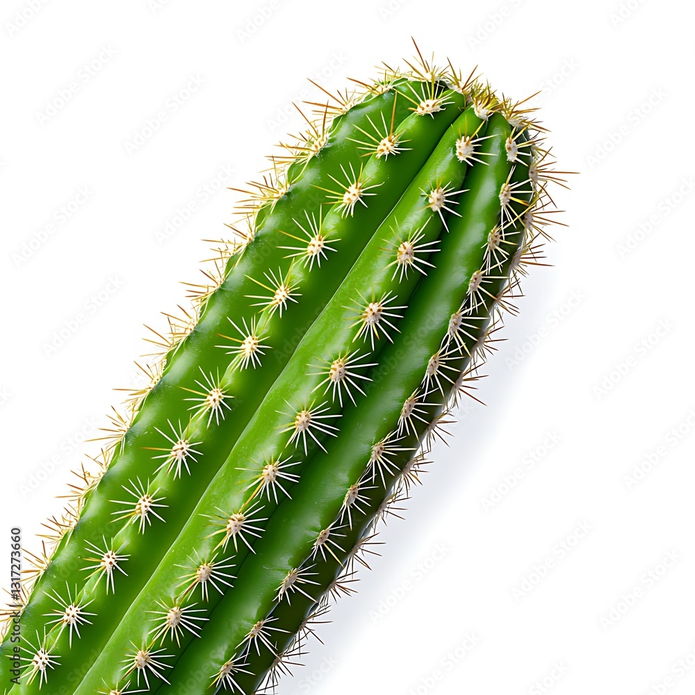 Naklejka premium Close-Up of a Textured Green Cactus with Sharp Spines Set Against a White Background