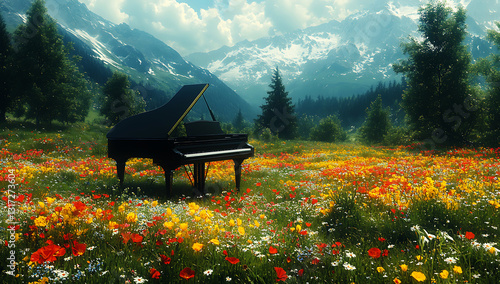 Grand Piano in a Vibrant Wildflower Meadow with Majestic Mountain Backdrop