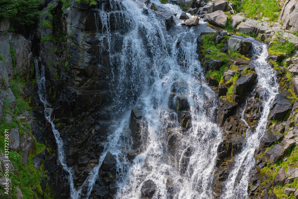 Waterfall landscape. Nature wildness travel. Waterfall travel destination. Travel destination. Myrtle falls waterfall route. Mount Rainier national park mountain nature landscape Waterfall landscape. Nature wildness travel. Waterfall travel destination. Travel destination. Myrtle falls waterfall route. Mount Rainier national park mountain nature landscape