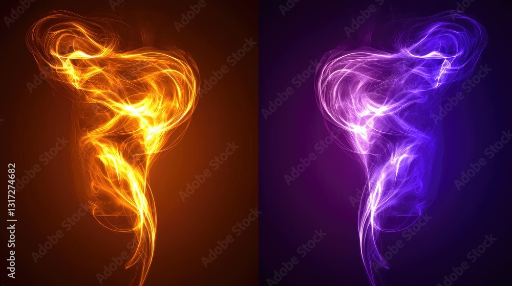 Abstract fire and ice swirls, dark background, design element