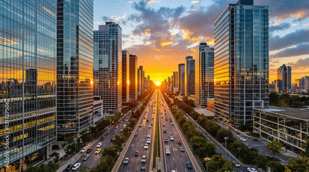 Fototapeta premium A modern cityscape featuring tall glass skyscrapers, a busy highway, and a vibrant sunset sky in the background. Concept of urban life. Ai generative
