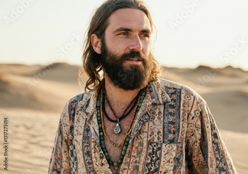Man with a beard wearing a patterned shirt in a desert landscape
