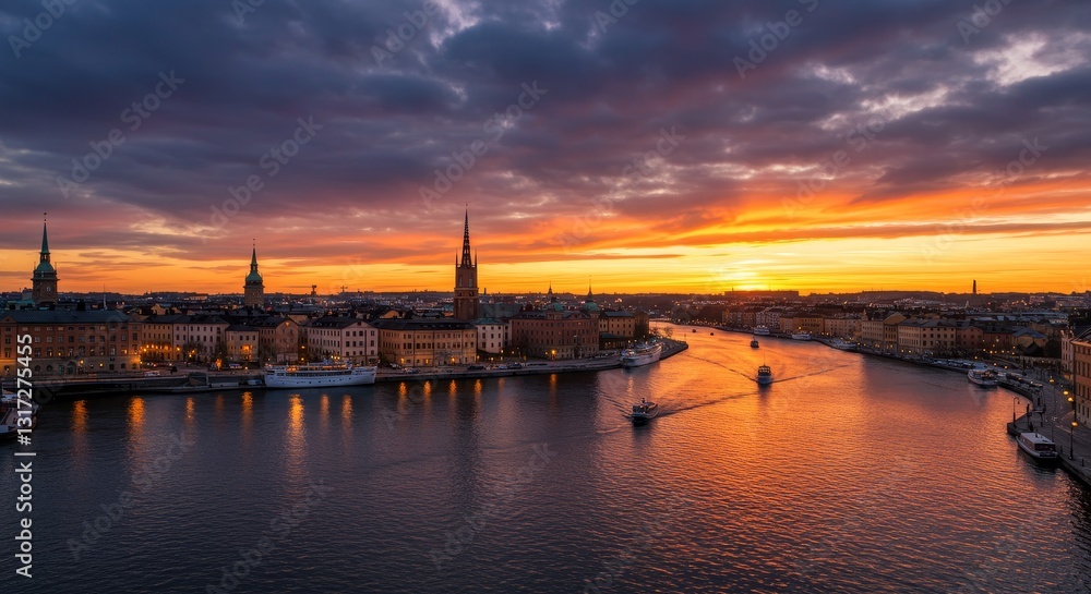 Sunset River Cityscape Panorama - Serene sunset over a river, city skyline, boats, vibrant colors, peaceful evening. Symbolizing tranquility, urban beauty, journey, golden hour, and reflection