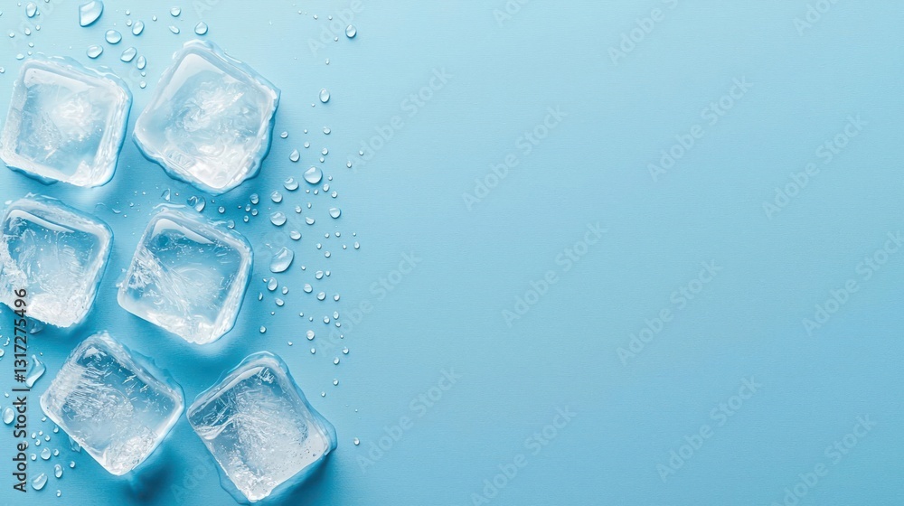 Transparent Ice Cubes Scattered On A Light Blue Background Providing A Refreshing Cooling Effect Transparent Ice Cubes Scattered On A Light Blue Background Providing A Refreshing Cooling Effect