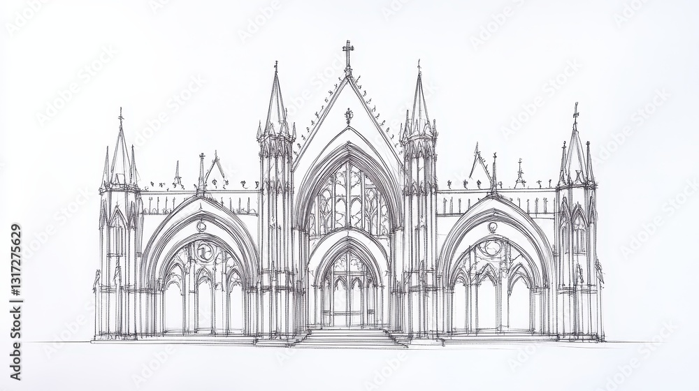 Detailed Hand-Drawn Architectural Sketch of a Gothic Cathedral with Intricate Design Elements Detailed Hand-Drawn Architectural Sketch of a Gothic Cathedral with Intricate Design Elements