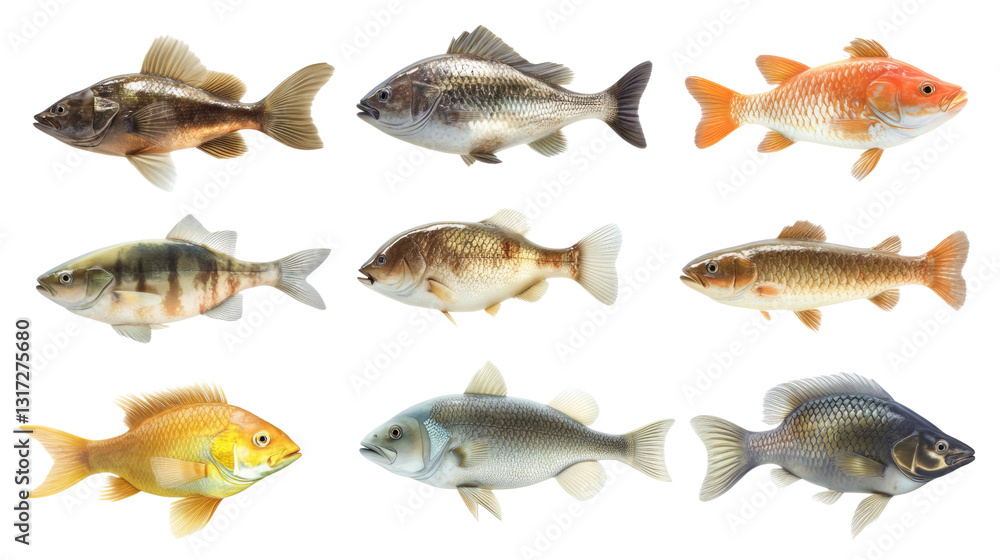 Fototapeta premium This display features a collection of freshwater fish, each showcasing unique colors and forms. The species vary in appearance, highlighting their diversity in a striking arrangement