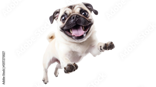 A playful pug leaps joyfully with its mouth open and ears flopped, expressing happiness in a bright, well-lit space. The dog's lively energy is infectious