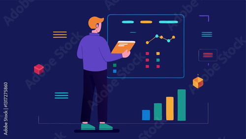 Market Analysis A person standing in front of a large digital screen filled with cryptocurrency market data and news headlines taking notes on a tablet.