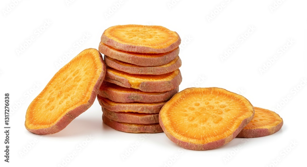 Sweet Potato Slices Stack and Single Slice on White - Crispy sweet potato slices, healthy snack, natural goodness, vibrant orange hue, delicious treat. Symbolizing health, nature, sweetness, energy Sweet Potato Slices Stack and Single Slice on White - Crispy sweet potato slices, healthy snack, natural goodness, vibrant orange hue, delicious treat. Symbolizing health, nature, sweetness, energy
