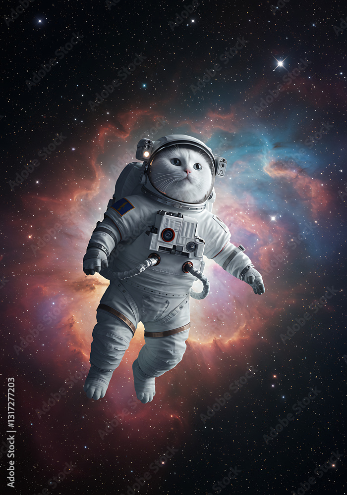 A white cat floating in space in a spacesuit. A white cat floating in space in a spacesuit.