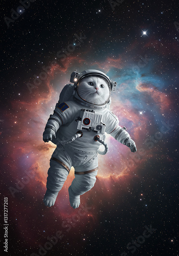 A white cat floating in space in a spacesuit.