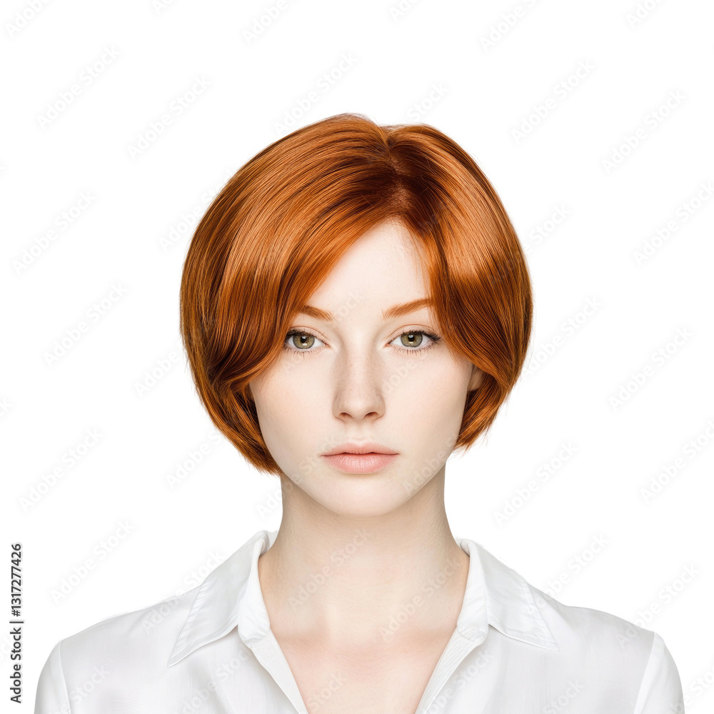 A young woman with vibrant orange bobbed hair looks directly at the viewer while dressed in a classic white blouse. The background is simple and uncluttered, enhancing her striking appearance A young woman with vibrant orange bobbed hair looks directly at the viewer while dressed in a classic white blouse. The background is simple and uncluttered, enhancing her striking appearance
