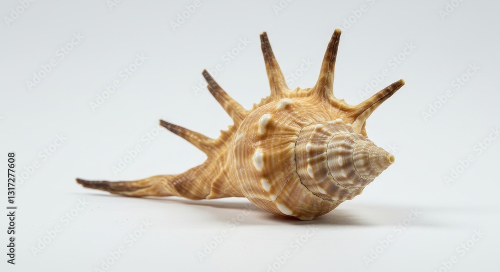 Unique Spiked Seashell on White - A single, intricately detailed seashell with prominent spikes rests on a pristine white background. It symbolizes nature, the ocean, summer vacation, coastal beauty Unique Spiked Seashell on White - A single, intricately detailed seashell with prominent spikes rests on a pristine white background. It symbolizes nature, the ocean, summer vacation, coastal beauty