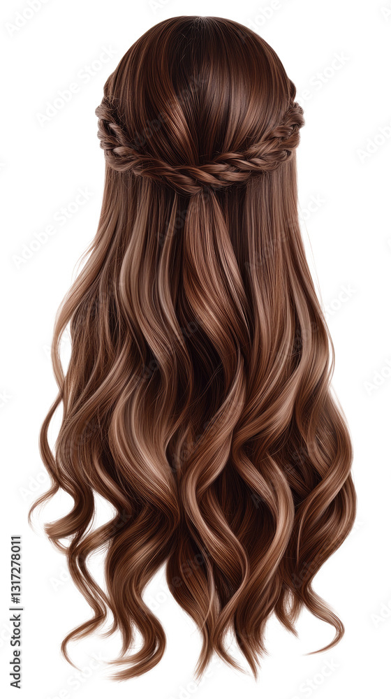 Fototapeta premium Long, flowing hair features luscious waves and a braided crown that adds an elegant touch. Suitable for formal events or casual outings, this hairstyle enhances natural beauty