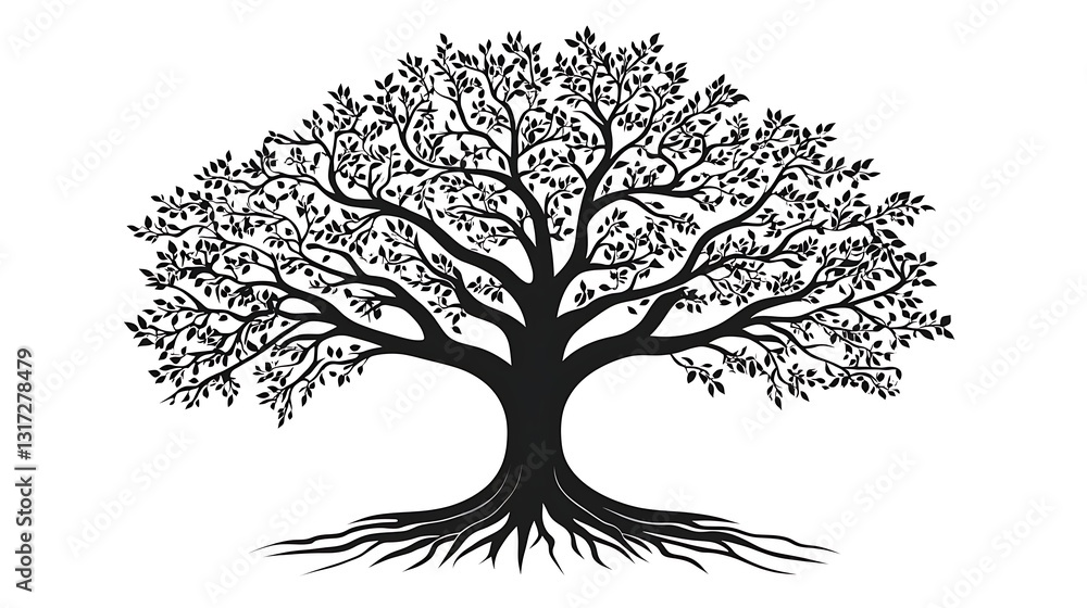 Fototapeta premium Majestic Black Silhouette Tree with Deep Roots Nature Illustration Design