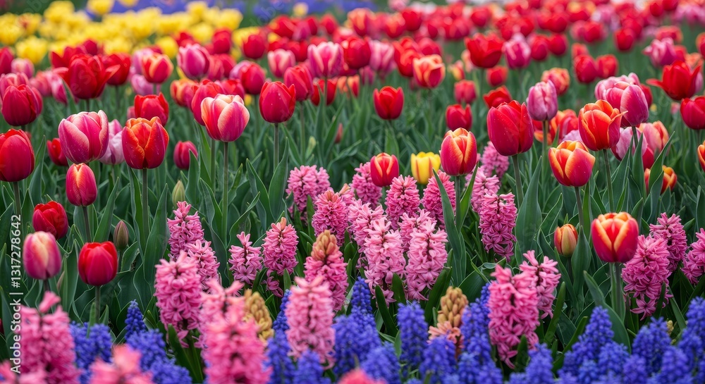 Vibrant Spring Flowers Meadow - A stunning field of colorful tulips and hyacinths in full bloom, creating a vibrant and cheerful scene Vibrant Spring Flowers Meadow - A stunning field of colorful tulips and hyacinths in full bloom, creating a vibrant and cheerful scene