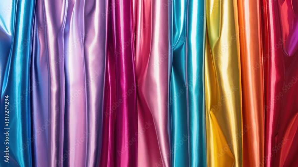 Shiny multicolored satin fabric with smooth folds and vibrant hues Shiny multicolored satin fabric with smooth folds and vibrant hues