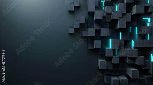 Abstract 3D Blocks With Teal Glow On Dark Background