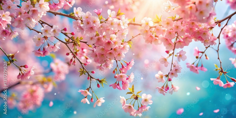 Delicate pink cherry blossoms sway gently in the warm springtime breeze, their petals falling like confetti against a backdrop of blue skies and sunlit bokeh. Delicate pink cherry blossoms sway gently in the warm springtime breeze, their petals falling like confetti against a backdrop of blue skies and sunlit bokeh.