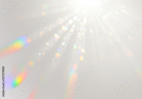 Ethereal light leak effect with bright white source casting diffused beams and spectral rainbow streaks, luminous glow on transparent background