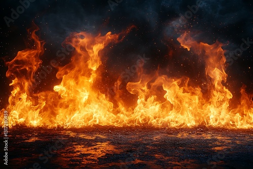 Fiery Inferno Wall of Flames Burning Embers on Dark Ground Background