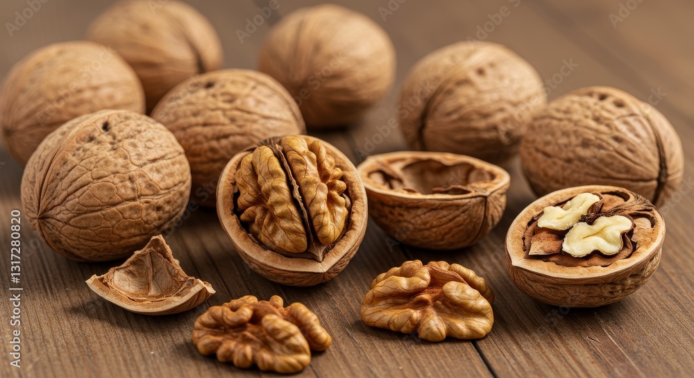 Whole and Shelled Walnuts on Wooden Surface - Harvest bounty, nutritious snack, healthy fats, wholesome goodness, natural energy Whole and Shelled Walnuts on Wooden Surface - Harvest bounty, nutritious snack, healthy fats, wholesome goodness, natural energy