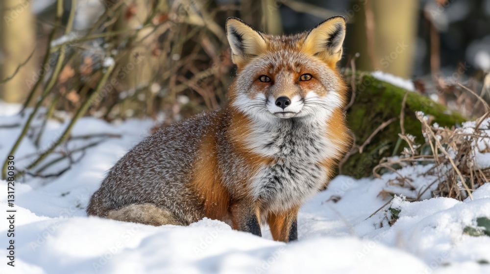 Fototapeta premium Red fox covered in snow sits in a snowy forest, looking directly at the camera. Sunlight illuminates the fox's fur. Winter scene.