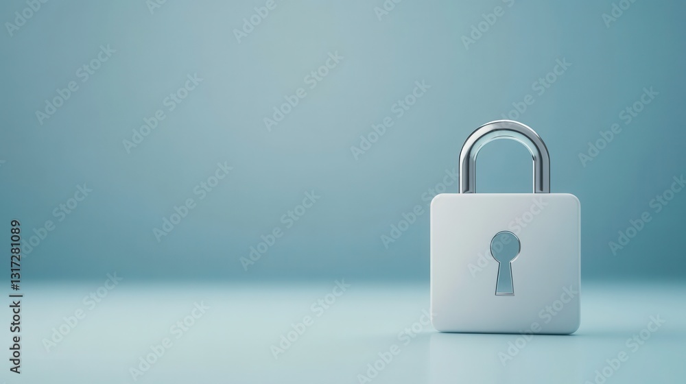 Minimalist design of a white padlock symbolizing security and protection in a calm blue environment Minimalist design of a white padlock symbolizing security and protection in a calm blue environment