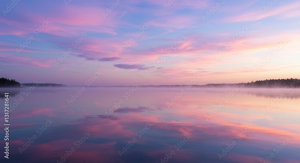 Lake at Dusk Reflecting Pastel Sky with Mist and Trees Lake at Dusk Reflecting Pastel Sky with Mist and Trees