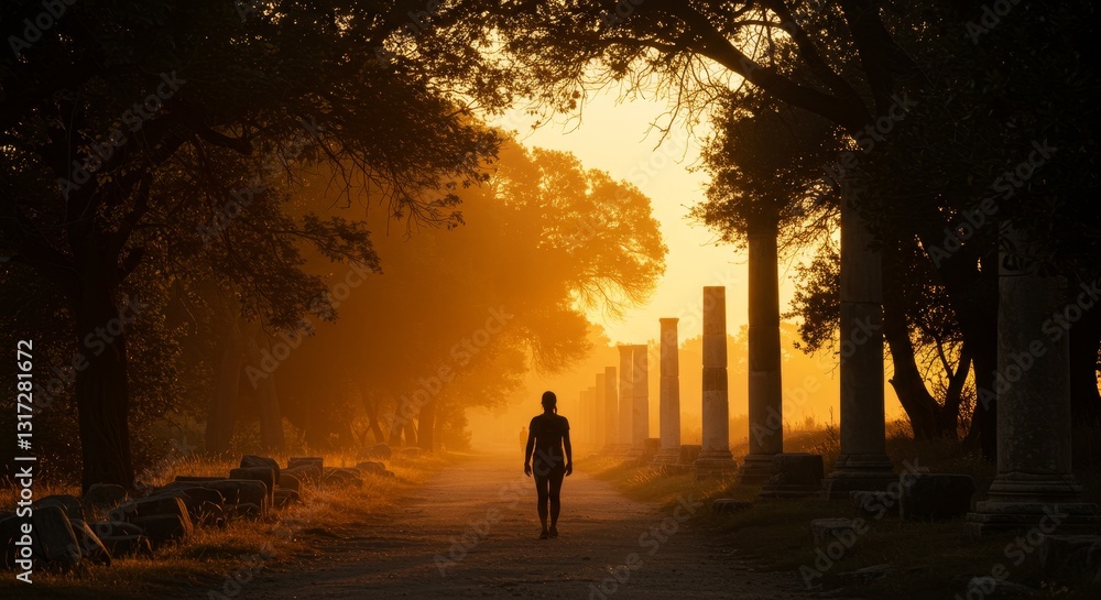 Fototapeta premium Woman Walking at Sunrise Through Ancient Ruins - Silhouette of a woman walking down a path lined with ancient columns at sunrise. Golden light, peaceful atmosphere