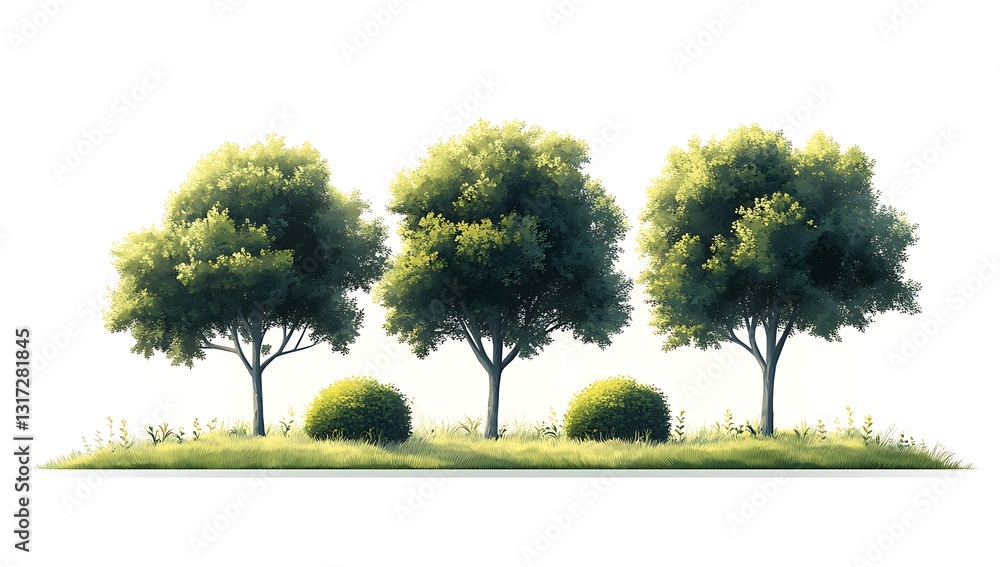 Obraz premium Three Lush Green Trees and Shrubs Landscape Illustration, Nature Scene, Garden Design