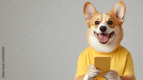 Happy Corgi Dog Holding a Smartphone in a Bright Yellow Shirt