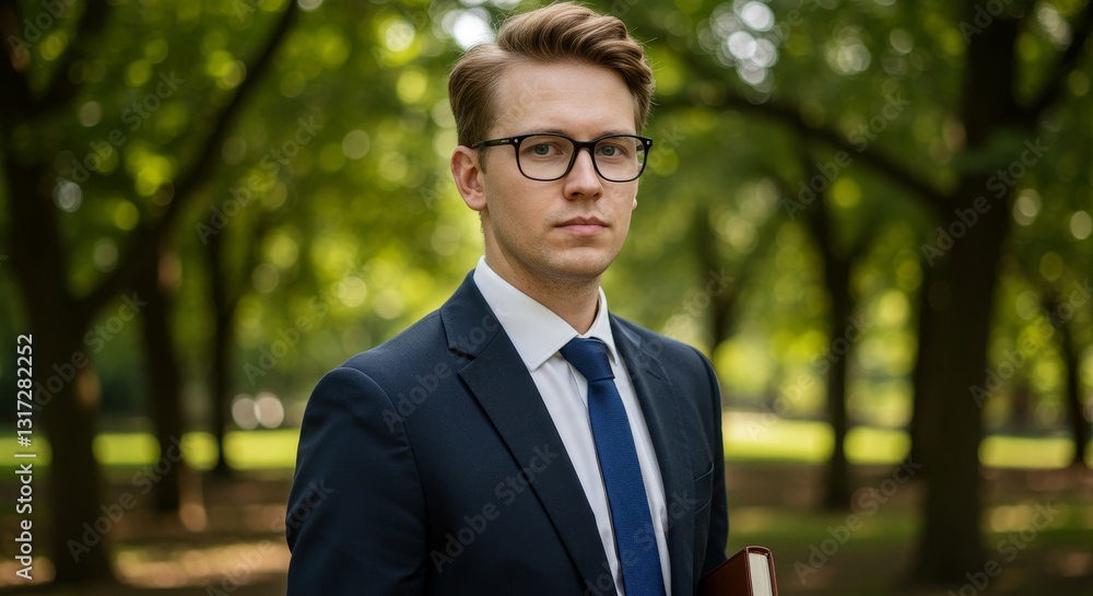 Young Businessman in Park - A young caucasian male in a suit and glasses stands outdoors in a park, symbolizing professionalism, ambition, success, nature, and serenity Young Businessman in Park - A young caucasian male in a suit and glasses stands outdoors in a park, symbolizing professionalism, ambition, success, nature, and serenity