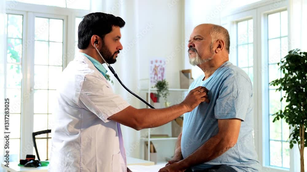 Indian Asian handsome male doctor attentively examines a senior old-aged male patient using a stethoscope in his OPD, focusing on accurate diagnosis and quality healthcare in a cozy clinic setting Indian Asian handsome male doctor attentively examines a senior old-aged male patient using a stethoscope in his OPD, focusing on accurate diagnosis and quality healthcare in a cozy clinic setting